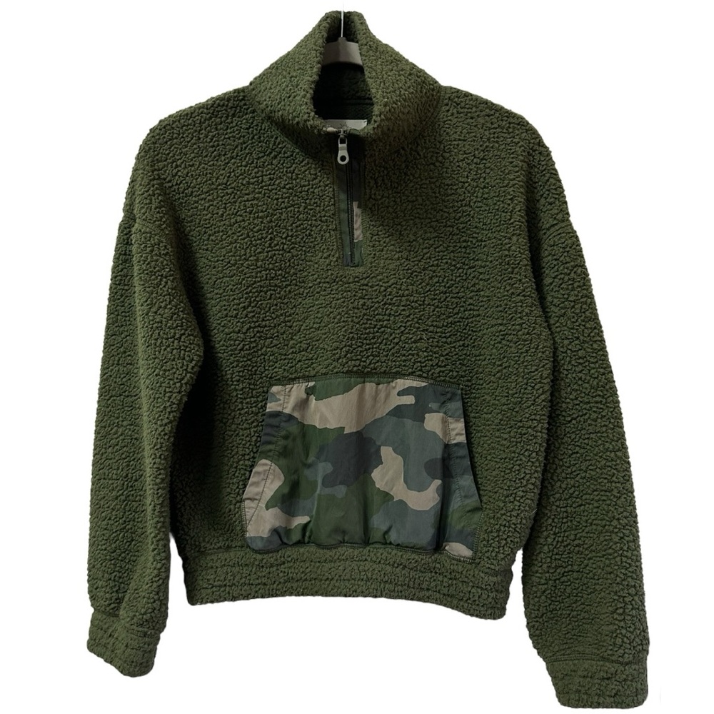 OFFLINE By Aerie Teddy Sherpa Olive Green W/Camo 1/4 Zip Cropped Pullover Sz XS